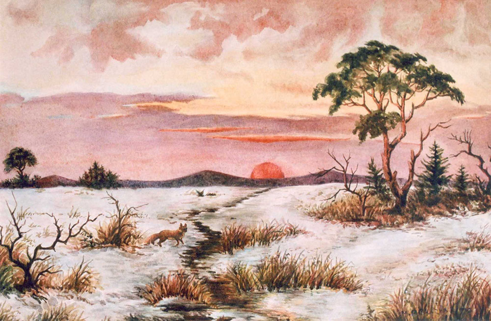 М. Покізяк. «Захід сонця. Зимовий пейзаж із лисичкою». 1930. Папір, акварель